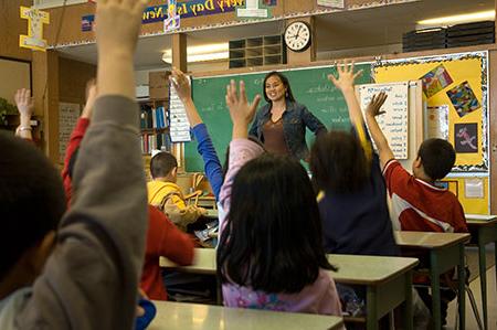 老师在教室前面的学生举手